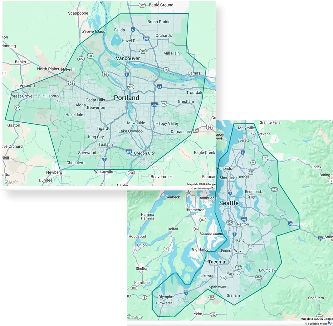 Service Area Map Portland, Washington and Seattle, Washington
